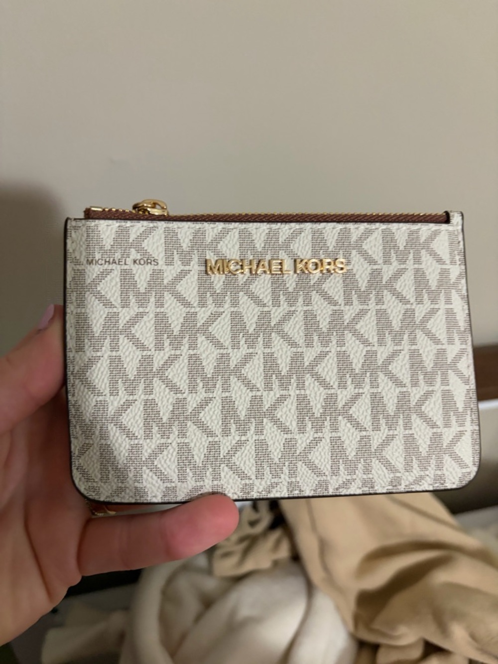 Michael Kors Cream and Brown Signature Zip Card Case